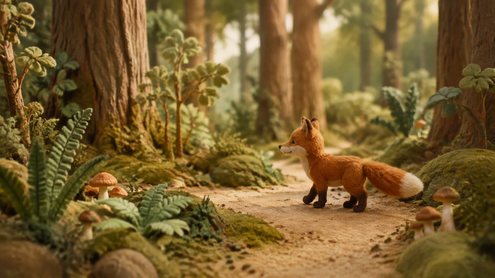A little felt fox on a sunlit woodland path, used as sample video content.
